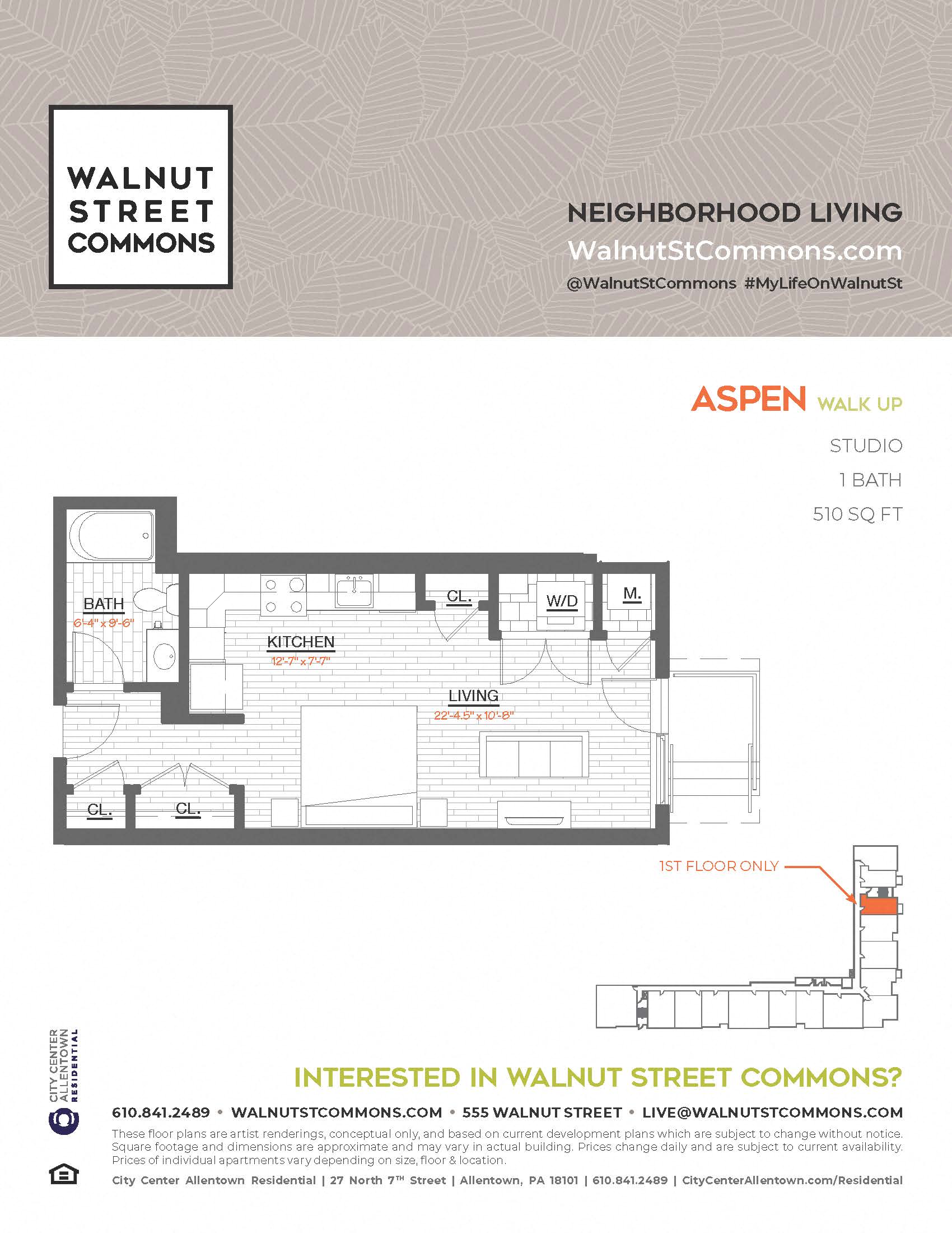 Floor plan for studio, 1 bath, 510 sqft
